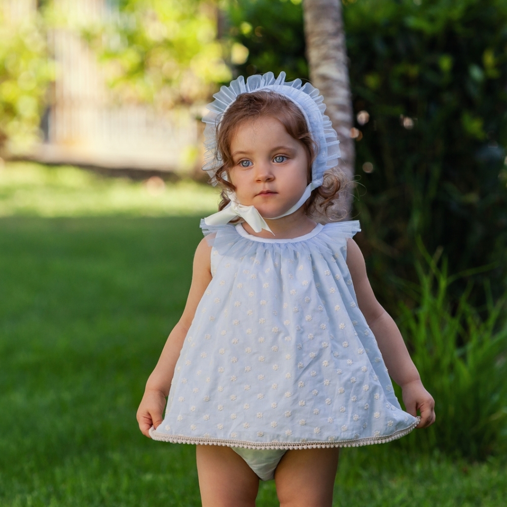 Pale Blue Baby Dress, Bonnet, Bloomers Set, 12 Months